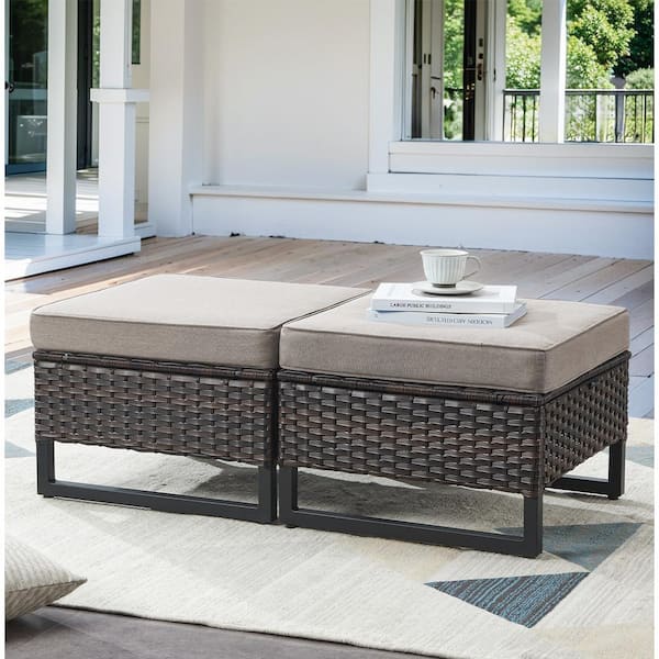 moosprr Brown Wicker Outdoor Ottoman with Gray Cushions and U-Foot Design (2-Pack)