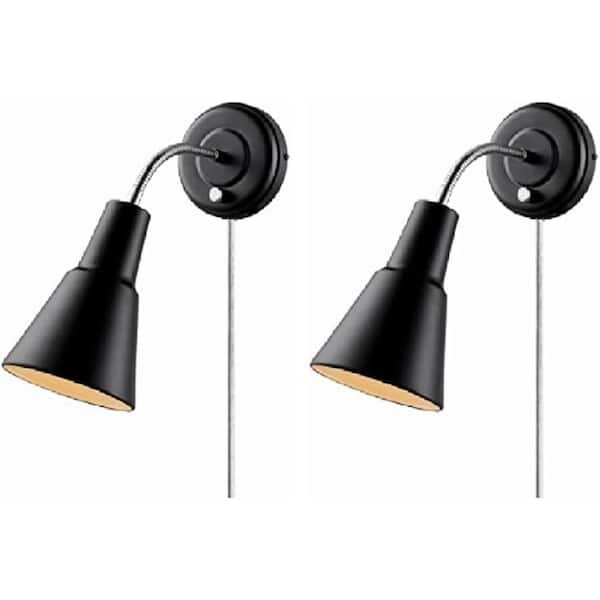 15.55 in. W 2-Light Gooseneck Wall Sconce Sconce Plug-in in Matte Black(Pack of 2 and Without Bulb)