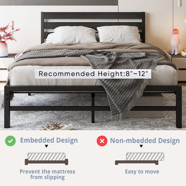 Black Metal Frame Queen Platform Bed with Wooden Headboard