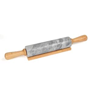 Deluxe 18 in. Gray Marble Rolling Pin with Wood Handles and Cradle