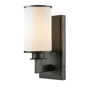Lacy 1-Light Old Bronze Modern Rustic Wall Sconce with Matte Opal Glass Shade