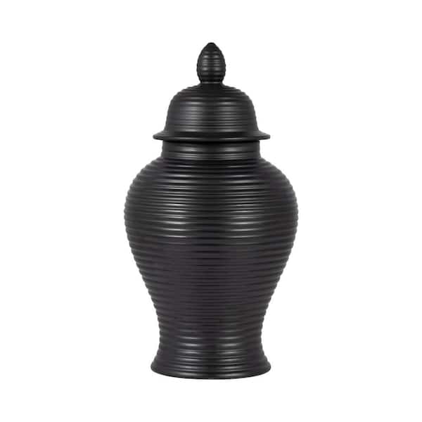 18 in. Black Stoneware Cylinder Ribbed Temple Jar
