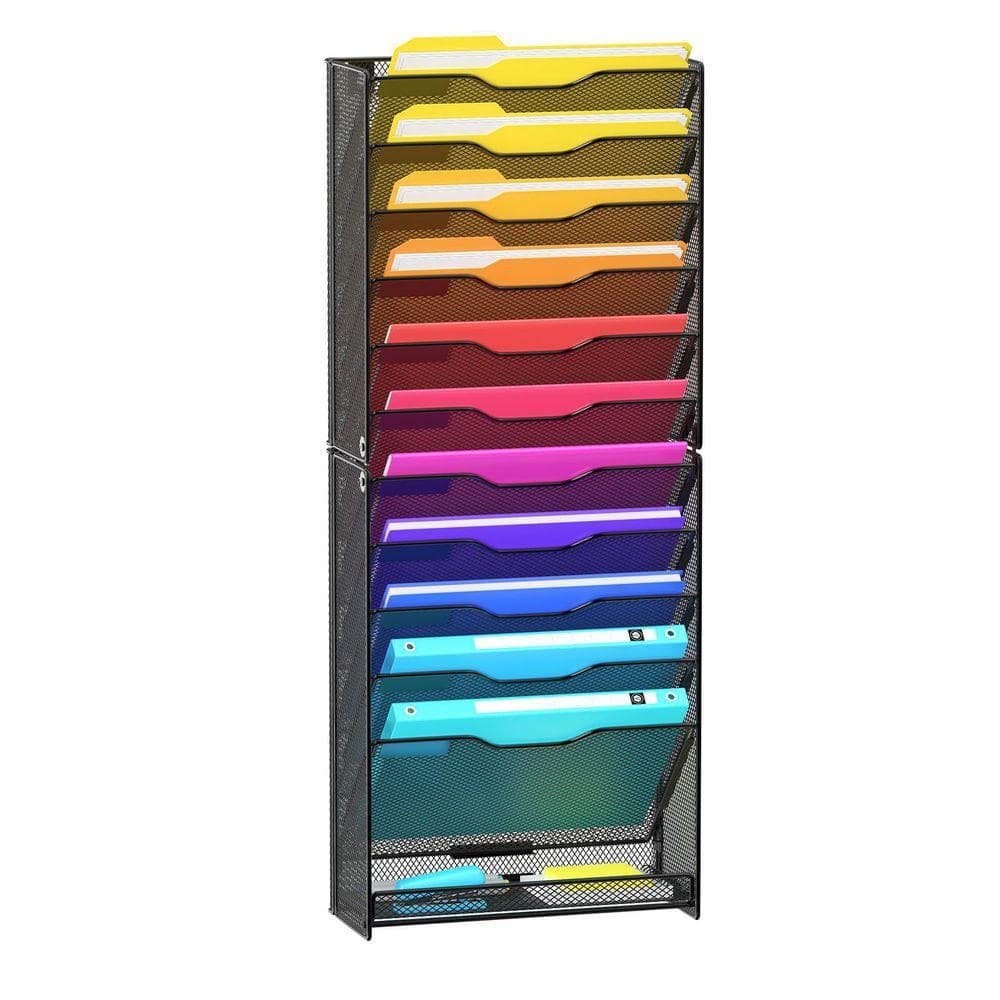 12-Tier Wall Magazine Rack-Black Metal Mesh, Wall-Mounted Document