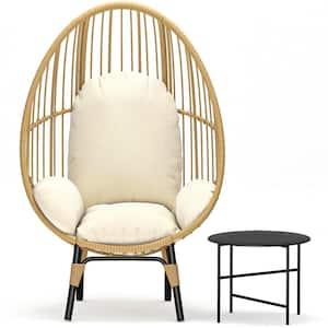 Natural PE Wicker Outdoor Garden Egg Chair, Indoor Lounge Chair with Beige Cushion and Side Table