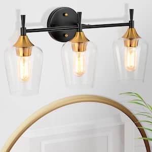 Arlo 21 in. 3-Lights Black and Antique Brass Vanity Light with Clear Wine Glass Shades