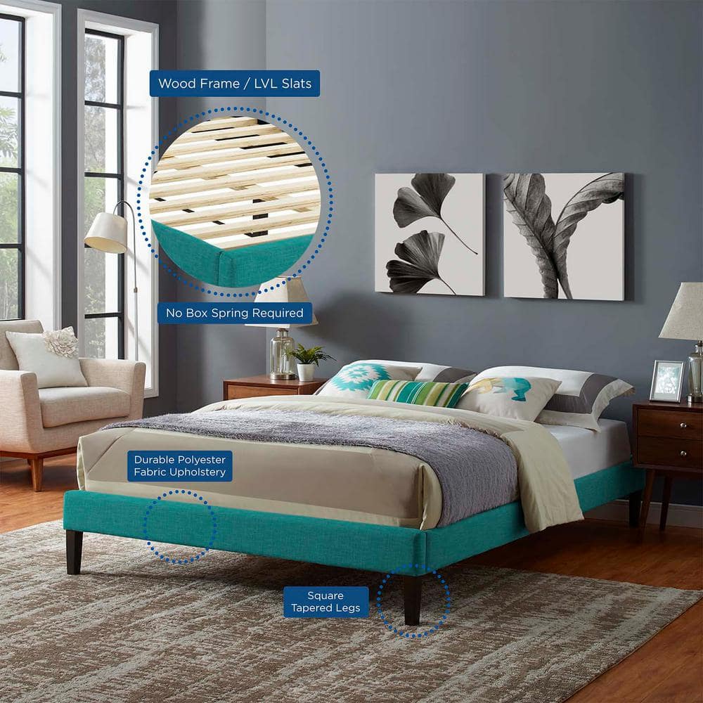 Teal Upholstered King Platform Bed with Wood Slats