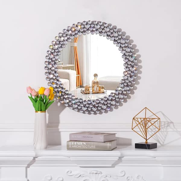 THKSHOUZ 23.6 in. W x 23.6 in. H Round Mirrors for Wall Decor Crystal Decorative Wall Mirror for Living Room