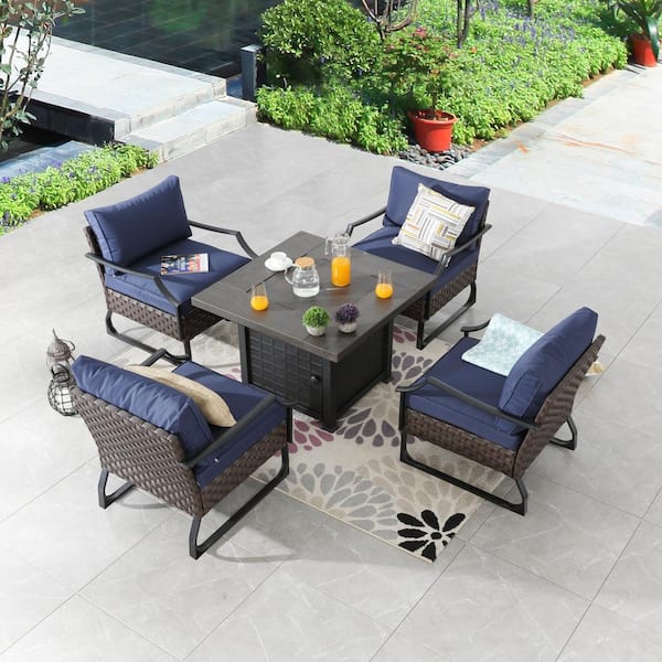 U-Leg 5-Piece Metal Patio Conversation Set with Blue Cushions