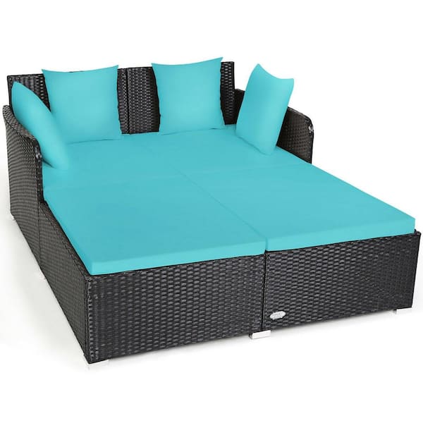 WELLFOR Black 1-Piece Metal Outdoor Day Bed with Turquoise Cushions and Pillows