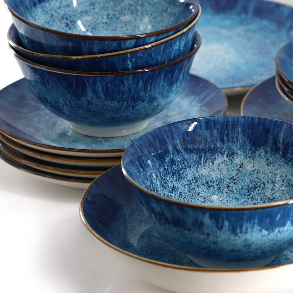 Elama Oceanus 16 Piece Blue Porcelain Dinnerware Set
