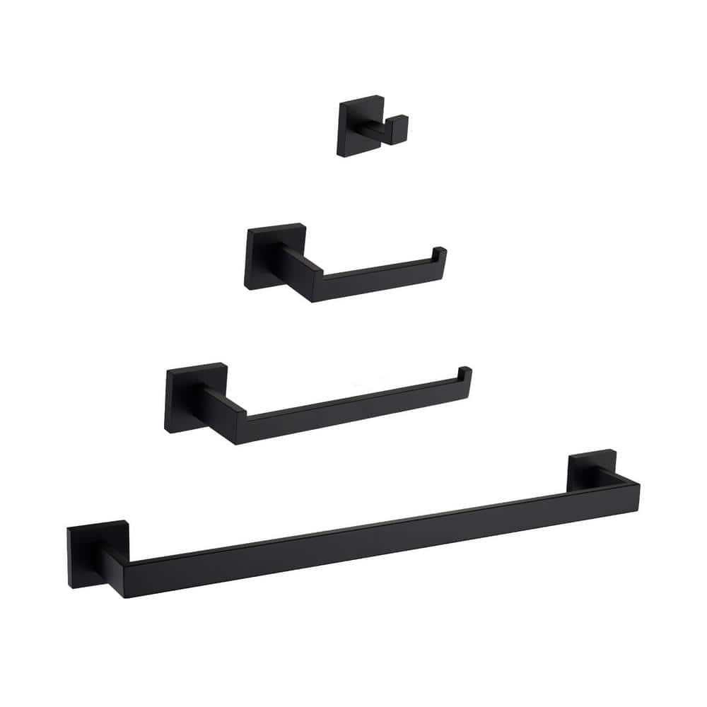4-Piece Bath Hardware Set with Toilet Paper Holder, Hook in Matte Black