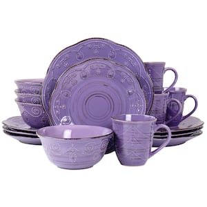 Rustic Birch 16-Piece Stoneware Dinnerware Set in Purple