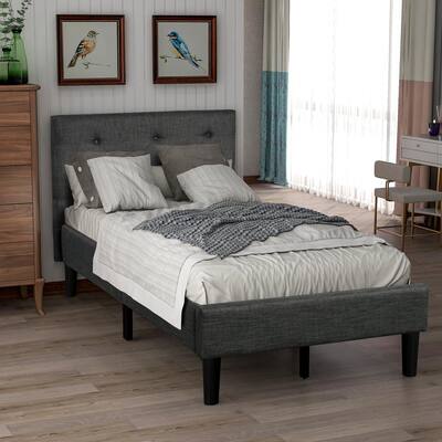 Upholstered Button-Tufted Platform Bed with Strong Wood Slat Support(Twin, Gray)