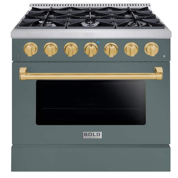 Hallman BOLD 36 in. 5.2 CF 6-Sealed Burners Freestanding Range with LP Gas Stove and Gas Oven, GR RAL 7031 with Brass Trim