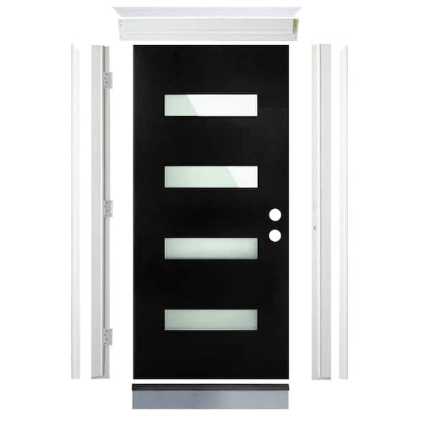 36 in. x 80 in. 4-Lite Left-Hand Inswing Frosted Glass Front Door, Painted Textured Black Fiberglass