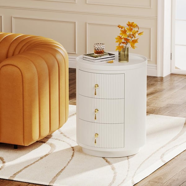 White 3-Drawers 15.94 in. W Nightstand, Modern Round Bedside Table for Bedroom, No Assembly