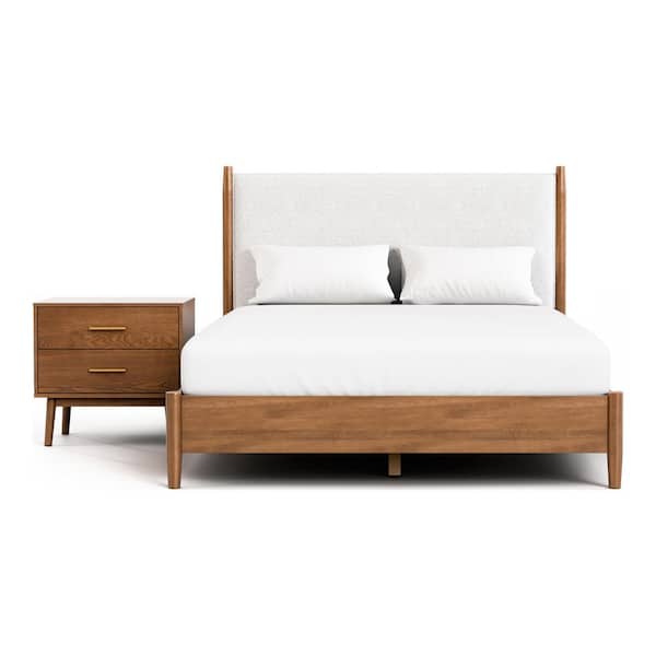 Riverstone 2-Piece Walnut Boucle Headboard King Low Profile Wood Platform Bedroom Set with Nightstand