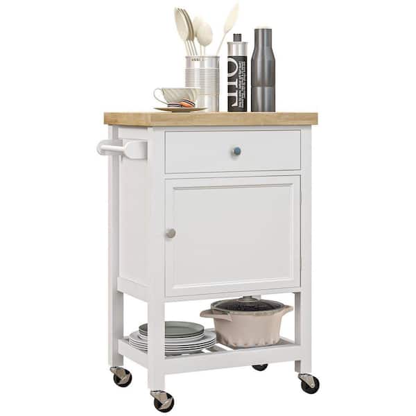 White Kitchen Cart with Butcher Block;Drawers;Locking Casters;Shelf;Wheels