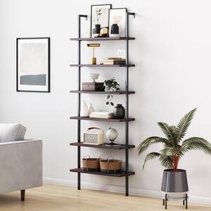 Theo Nutmeg Brown Wood 6-Shelf Tall Ladder Bookcase Wall Mount Bookshelf Matte Black Metal Frame