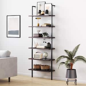 Theo Nutmeg Brown Wood 6-Shelf Tall Ladder Bookcase Wall Mount Bookshelf Matte Black Metal Frame