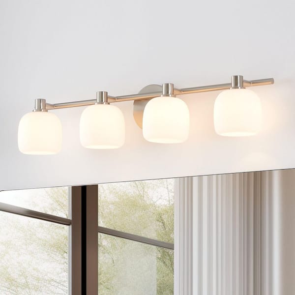 Valentina 30-in. 4-light Brushed Nickel Vanity Light with Etched Opal Glass Shades