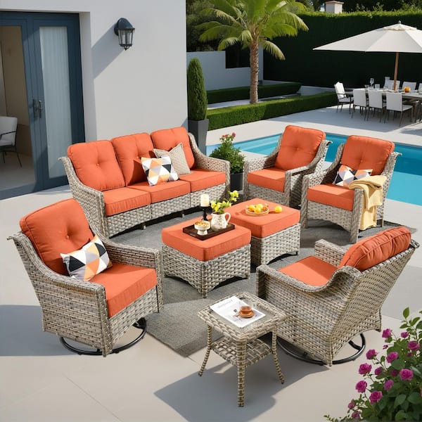 Harpera 8-Piece Outdoor Wicker Sofa Seating Set With Swivel Rocker, Ottomans, Bold-Stripe Orange Red Cushions