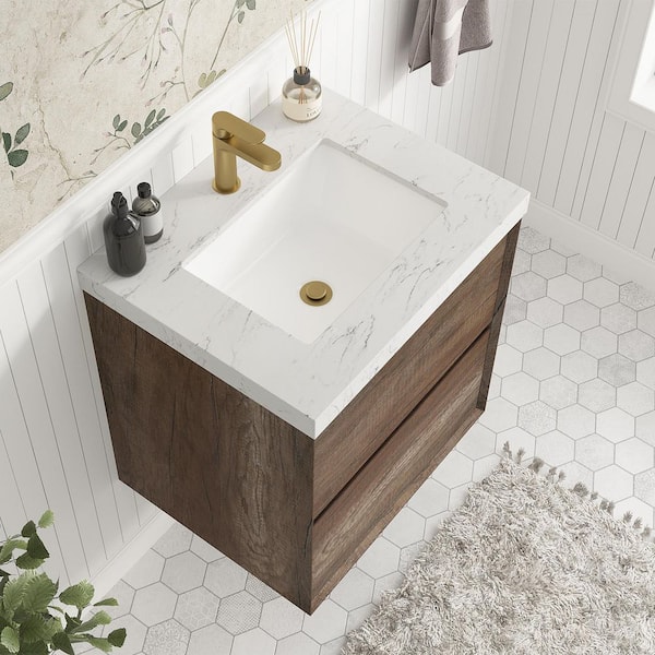 Aeroline 24 in. W x 19.29 in. D x 25.59 in. H Single Sink Float Antique Oak Bath Vanity w/Sar White Engineered Stone Top