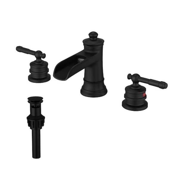 8 in. Widespread Double Handle Waterfall Bathroom Sink Faucet with Pop-up Drain in Matte Black