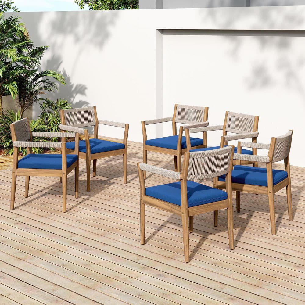 Teak Look Braided Rope Seat with Thick Cushion Acacia Wood Outdoor Dining Chair (Set of 4) in Navy Blue and Beige price history on PriceWatchPro