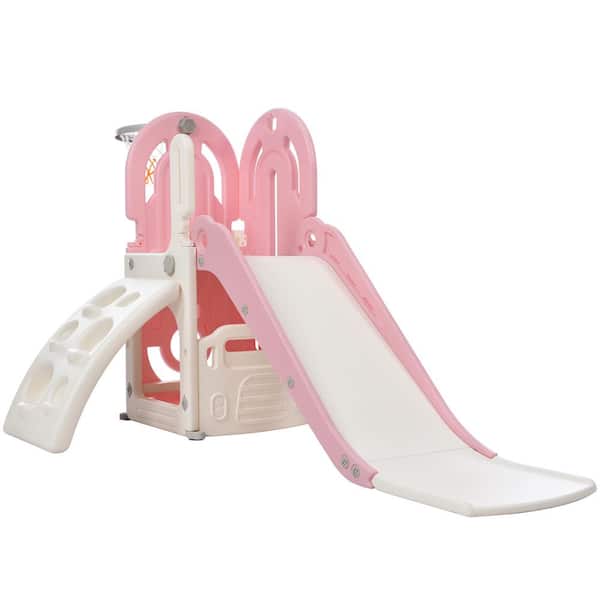 Unbranded 4-in-1 HDPE Indoor and Outdoor Slide Playset with Basketball Hoop, Climber in Pink