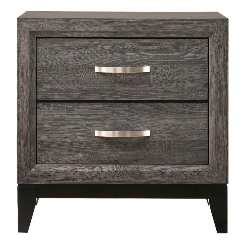 Gray Wood Grain 2 Drawer Nightstand with Metal Handles