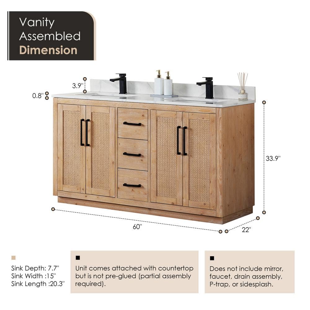 Floral 60" Light Brown Fir Wood Double Vanity with Calacatta Quartz Top