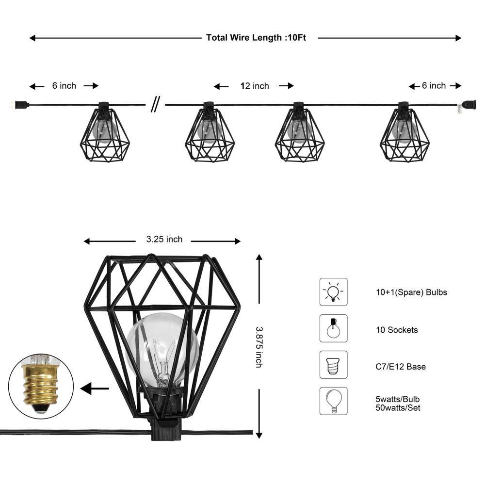 Black Diamond Cage LED Globe String Lights, 10 ft