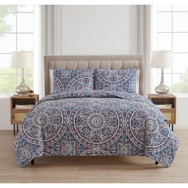 Morgan Home Medallion 3-Piece Blue Microfiber Full/Queen Quilt Set