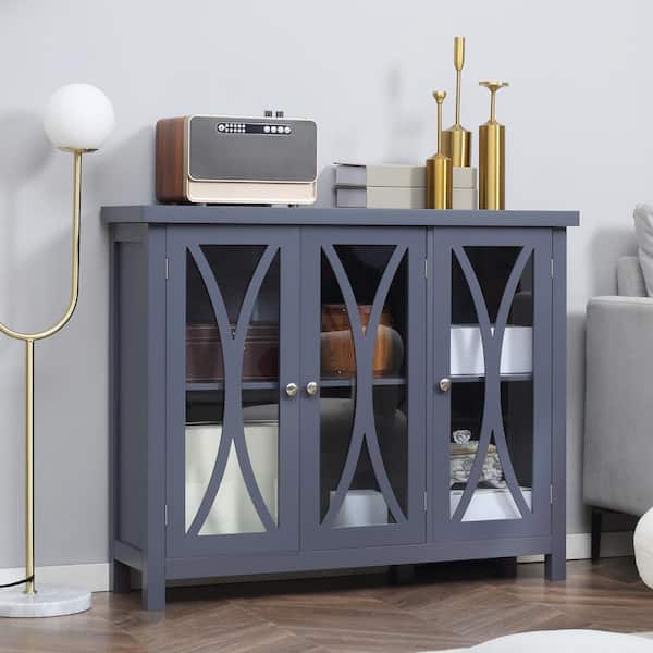 COWLOWN Gray Wood Pantry Organizer, Buffet Cabinet with 3-Tempered Glass Doors, Arc Pattern and Adjustable Storage Shelf