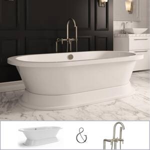 Crestmont 67 in. Acrylic Free-Standing Flatbottom Pedestal Tub in White, Floor-Mount Faucet and Drain in Brushed Nickel
