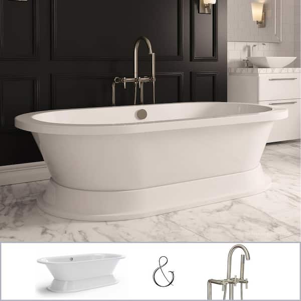 PELHAM & WHITE Crestmont 67 in. Acrylic Freestanding Pedestal Bathtub in White, Faucet in Brushed Nickel