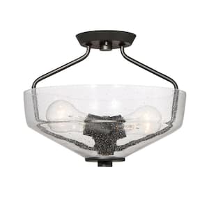 Printers Row 15 in. 2-Light Oil Rubbed Bronze Semi Flush Mount Ceiling Light with Clear Seedy Glass Shade
