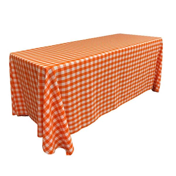 "90 in. x 132 in. White and Orange Polyester Gingham Checkered Rectangular Tablecloth"