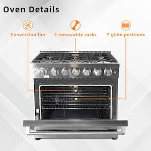 36 in. 6.0 cu. ft. 6 Burners Freestanding Gas Range in Stainless Steel with Commercial Convection Fan and Storage Drawer