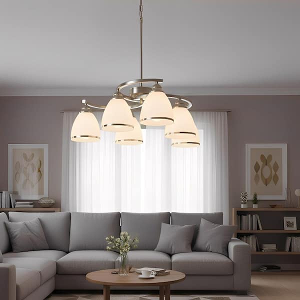 6-Light Modern Brushed Nickel Chandelier with Frosted White Glass Shades for Dining Room or Bedroom