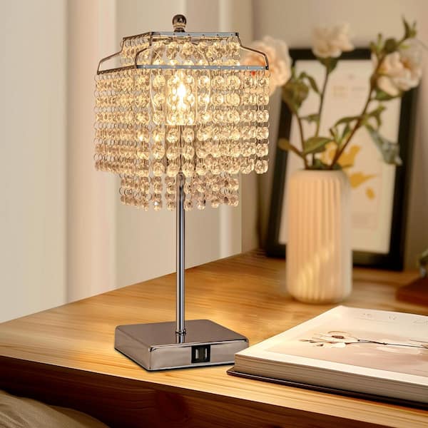 1-Light Bedside Crystal Table Lamp Chrome, Touch Control, 3-Way Dimmable Lamp with Crystal Shade for Bedroom,Living Room
