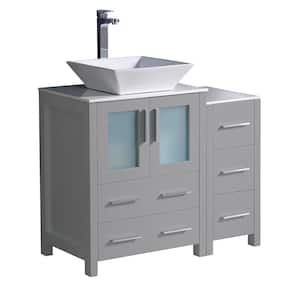 Torino 36 in. Bath Vanity in Gray with Glass Stone Vanity Top in White with White Vessel Sink and Side Cabinet