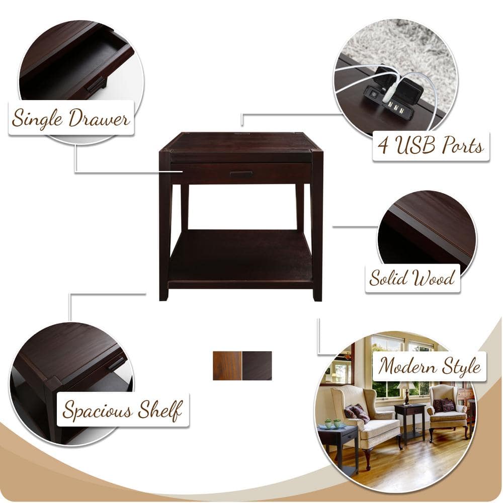 Warm Brown Solid Wood Nightstand with USB Ports
