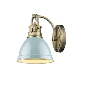 Duncan AB 1-Light Aged Brass Sconce with Seafoam Shade