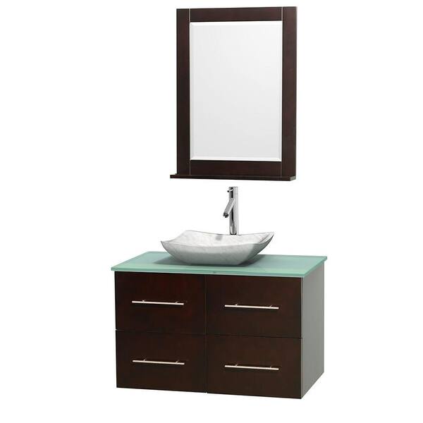 Wyndham Collection Centra 36 in. Vanity in Espresso with Glass Vanity Top in Green, Carrara White Marble Sink and 24 in. Mirror