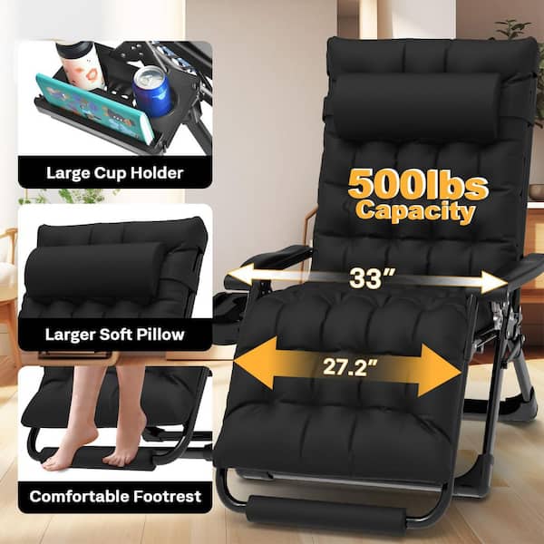 33 in. W Oversized Zero Gravity Chair Metal Outdoor Chaise Lounge with Black Removable Cushion and Headrest