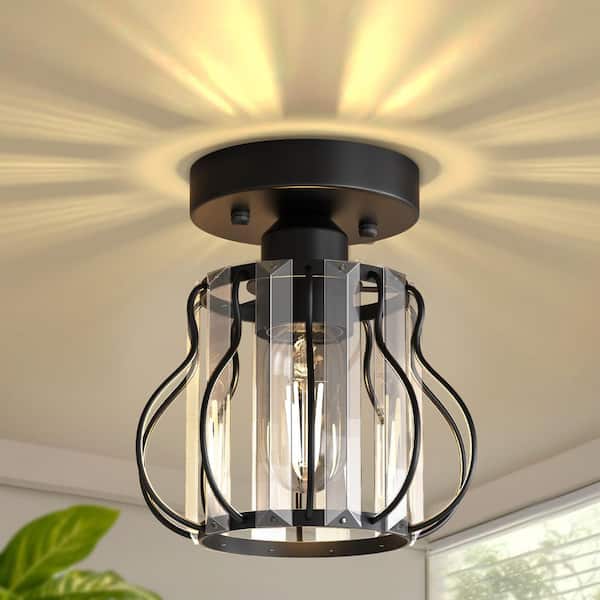 7 in. 1-Light Black Pear Crystal Mini Flush Mount Ceiling Light, Modern Clear Shade Chandelier for Hallway, Entryway