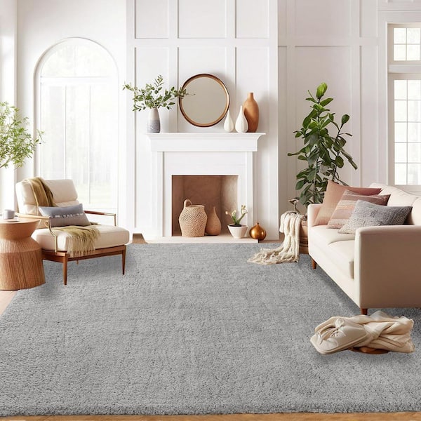 iliebe GHDG Solid Shag Grey 6 ft. x 9 ft. Furry Plush Area Rug