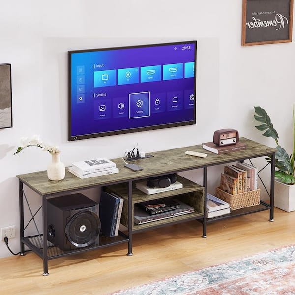 VECELO TV Stand with Power Outlets, Gray TV Console for 75 in. Industria Media Entertainment Center with Charging Station